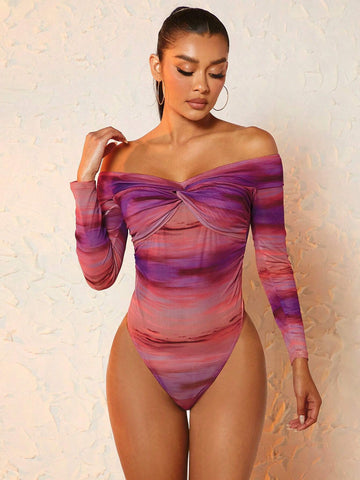 Off Shoulder Twist Front Mesh Bodysuit