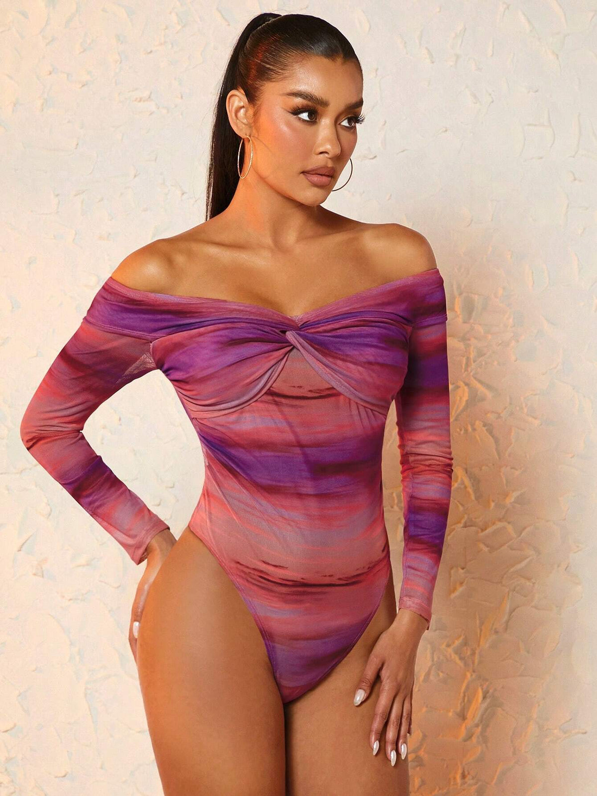Off Shoulder Twist Front Mesh Bodysuit
