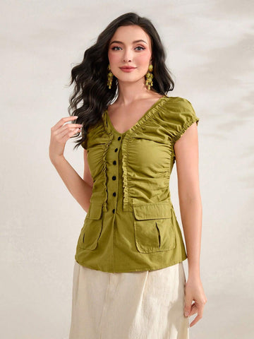 Ruched Front Flap Pocket Blouse