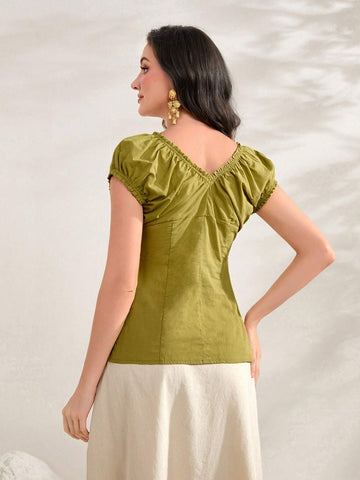 Ruched Front Flap Pocket Blouse