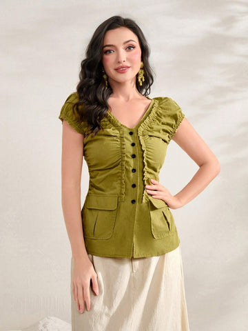Ruched Front Flap Pocket Blouse