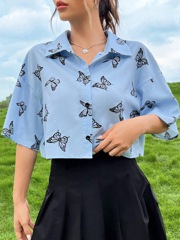 Butterfly Print Drop Shoulder Crop Shirt