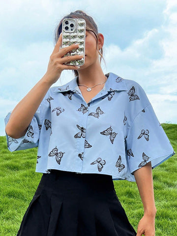 Butterfly Print Drop Shoulder Crop Shirt