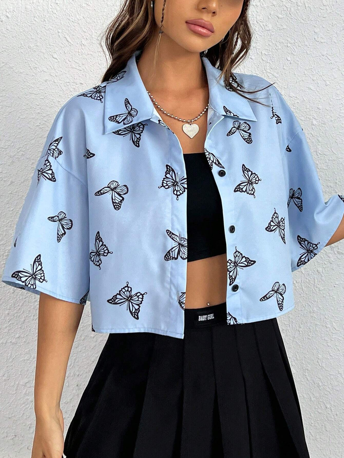 Butterfly Print Drop Shoulder Crop Shirt