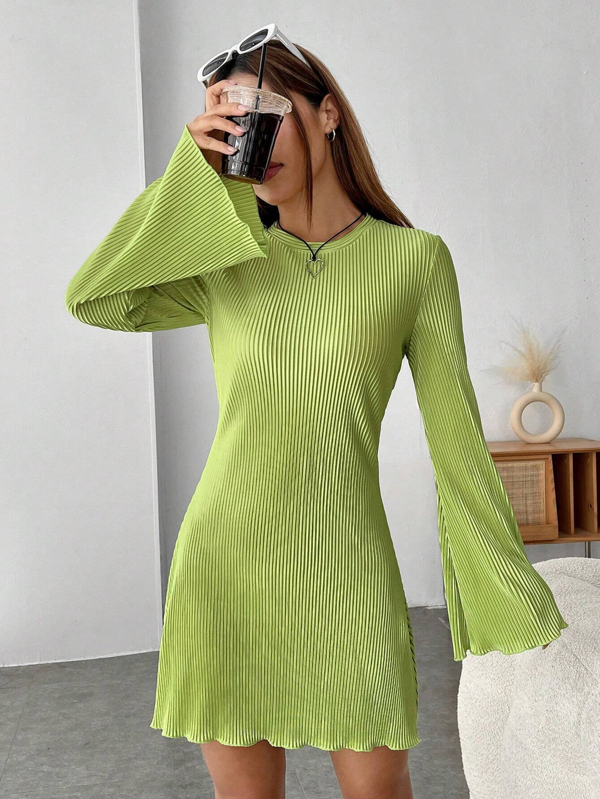 Lettuce Trim Trumpet Sleeve Ribbed Knit Dress