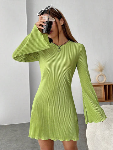 Lettuce Trim Trumpet Sleeve Ribbed Knit Dress