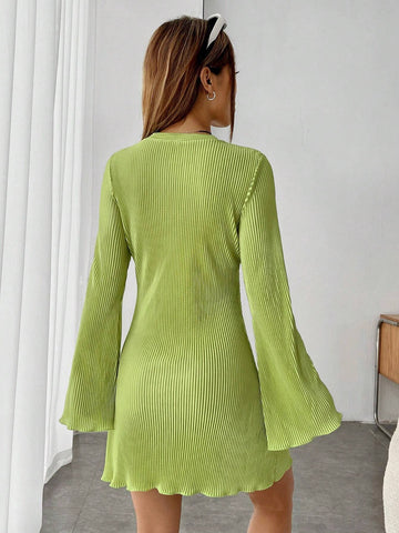 Lettuce Trim Trumpet Sleeve Ribbed Knit Dress