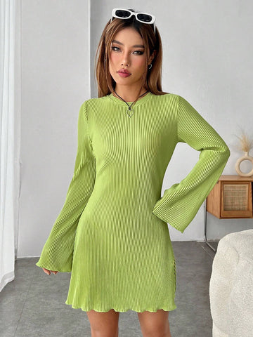 Lettuce Trim Trumpet Sleeve Ribbed Knit Dress