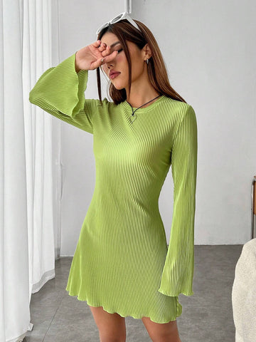 Lettuce Trim Trumpet Sleeve Ribbed Knit Dress