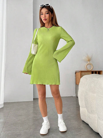 Lettuce Trim Trumpet Sleeve Ribbed Knit Dress
