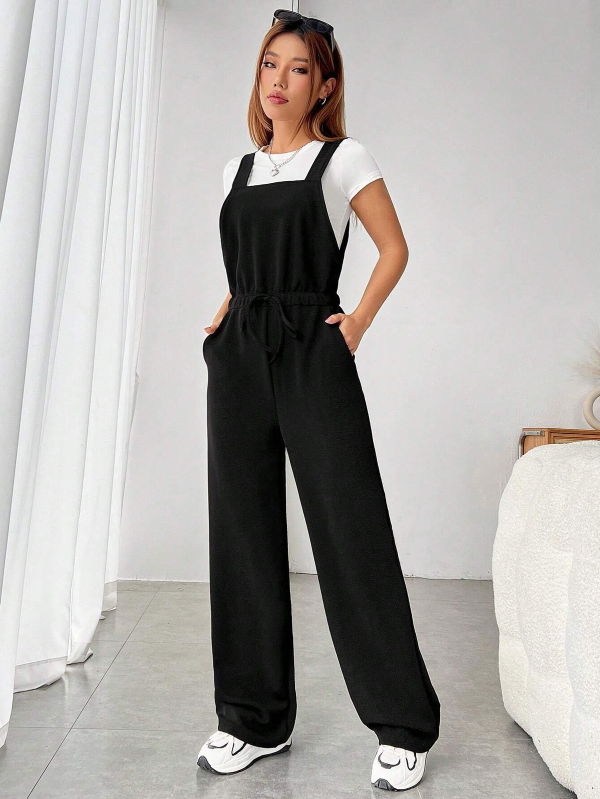 Solid Belted Overall Jumpsuit Without Tee