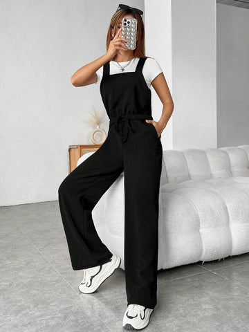Solid Belted Overall Jumpsuit Without Tee
