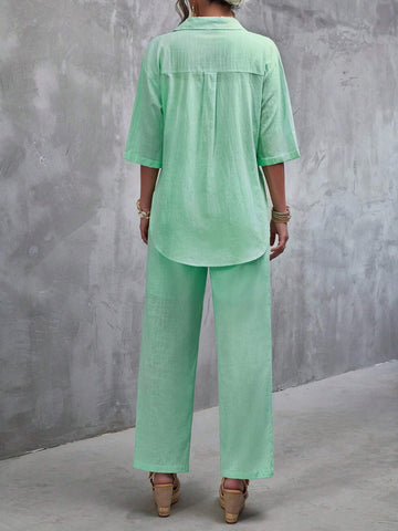 Solid Button Front Shirt & Wide Leg Pants