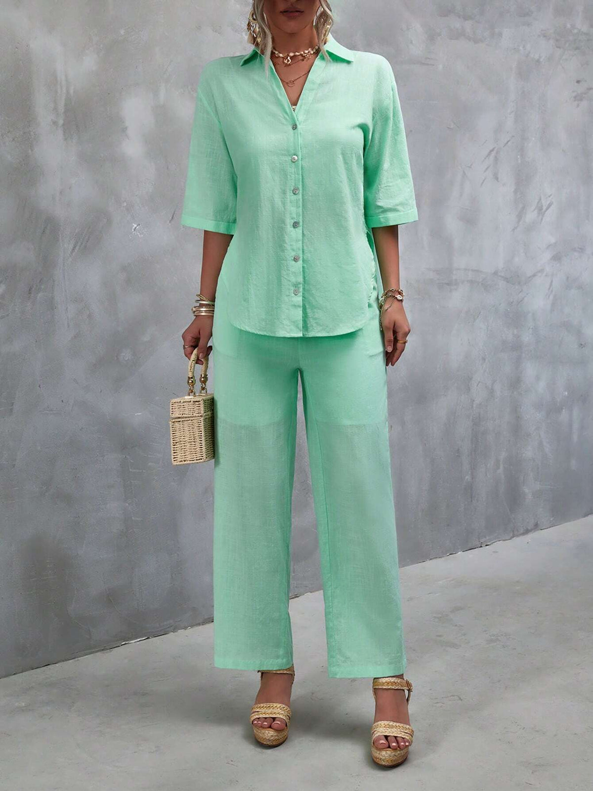 Solid Button Front Shirt & Wide Leg Pants