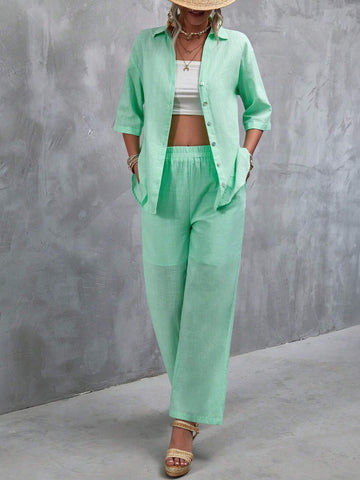Solid Button Front Shirt & Wide Leg Pants