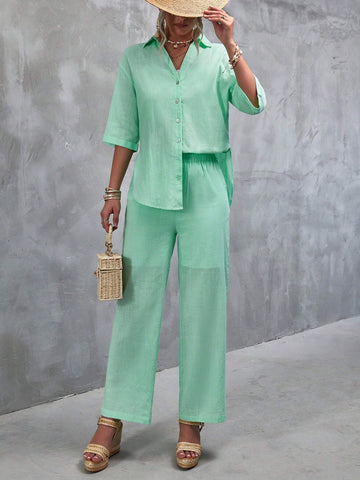 Solid Button Front Shirt & Wide Leg Pants