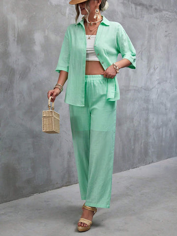 Solid Button Front Shirt & Wide Leg Pants