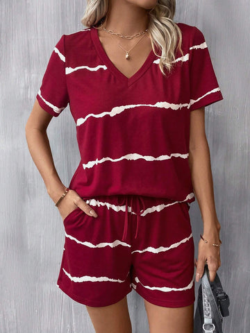 Tie Dye Print Tee & Drawstring Waist Shorts