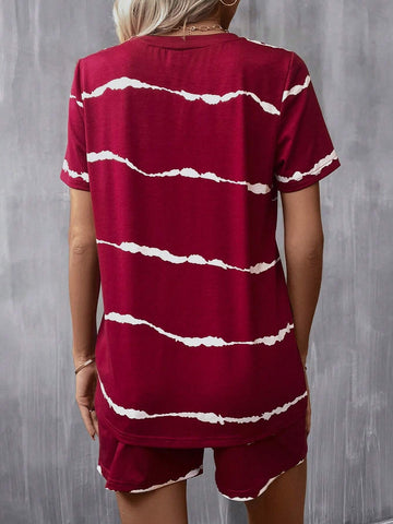 Tie Dye Print Tee & Drawstring Waist Shorts