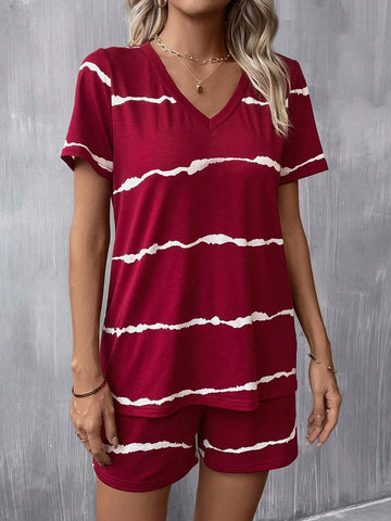 Tie Dye Print Tee & Drawstring Waist Shorts