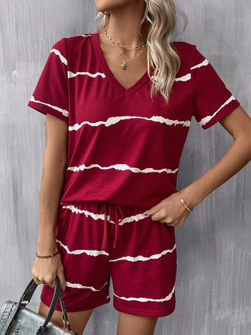 Tie Dye Print Tee & Drawstring Waist Shorts