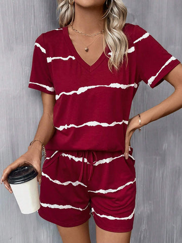 Tie Dye Print Tee & Drawstring Waist Shorts