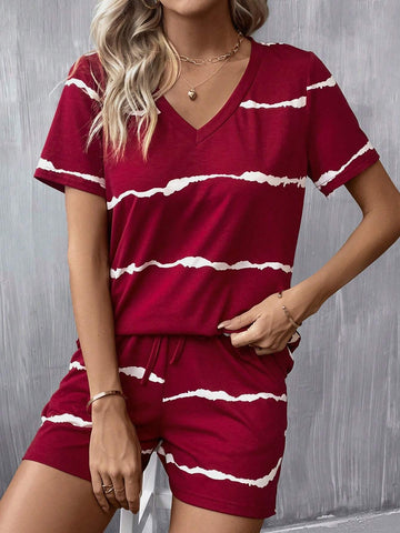 Tie Dye Print Tee & Drawstring Waist Shorts