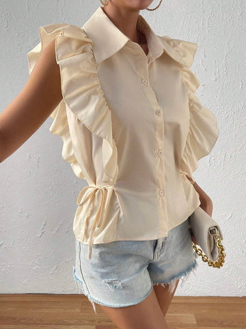 Knot Side Ruffle Trim Button Front Shirt