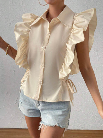 Knot Side Ruffle Trim Button Front Shirt