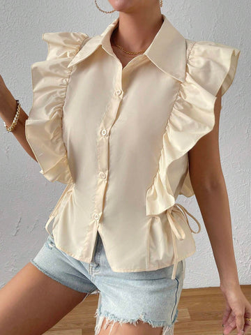Knot Side Ruffle Trim Button Front Shirt