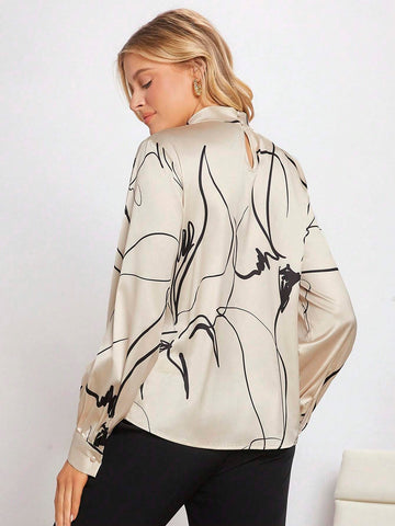 Graphic Print Keyhole Neckline Lantern Sleeve Blouse
