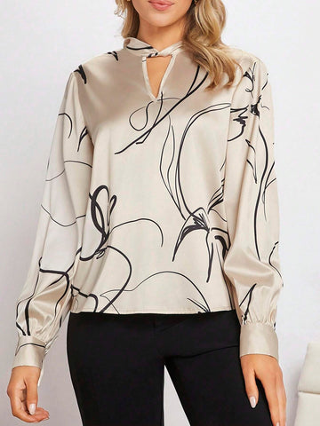 Graphic Print Keyhole Neckline Lantern Sleeve Blouse