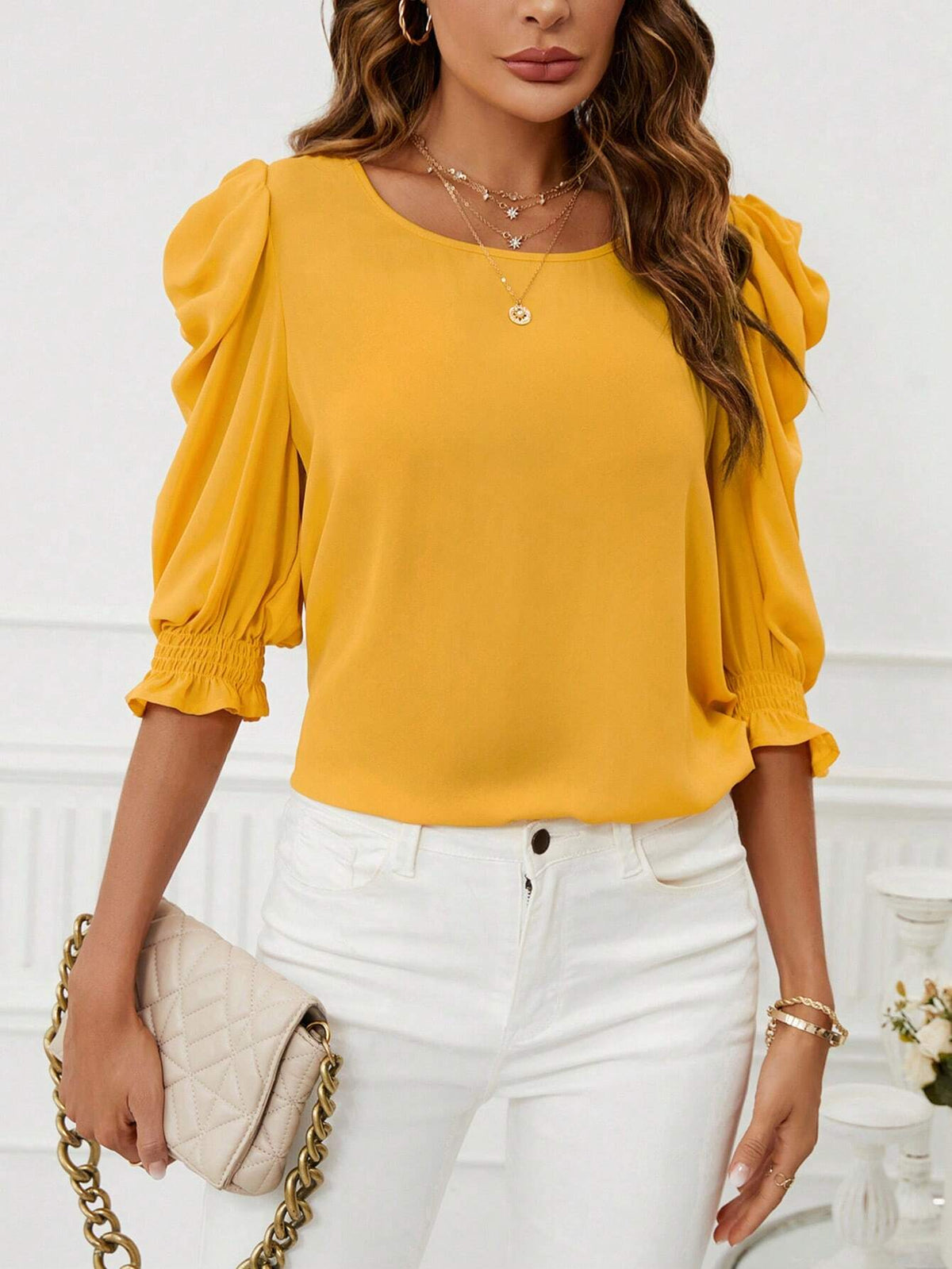 Solid Puff Sleeve Blouse
