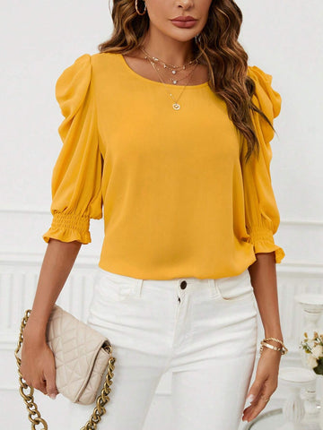 Solid Puff Sleeve Blouse