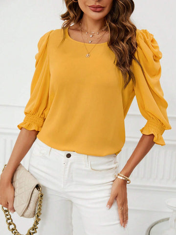 Solid Puff Sleeve Blouse