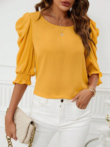 Solid Puff Sleeve Blouse