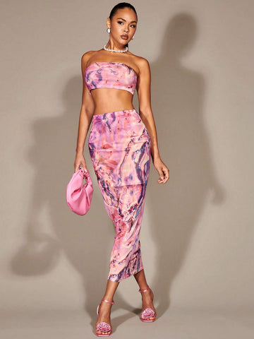 Marble Print Tube Top & Pencil Skirt