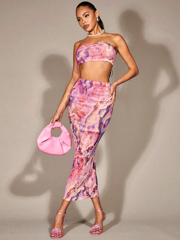 Marble Print Tube Top & Pencil Skirt