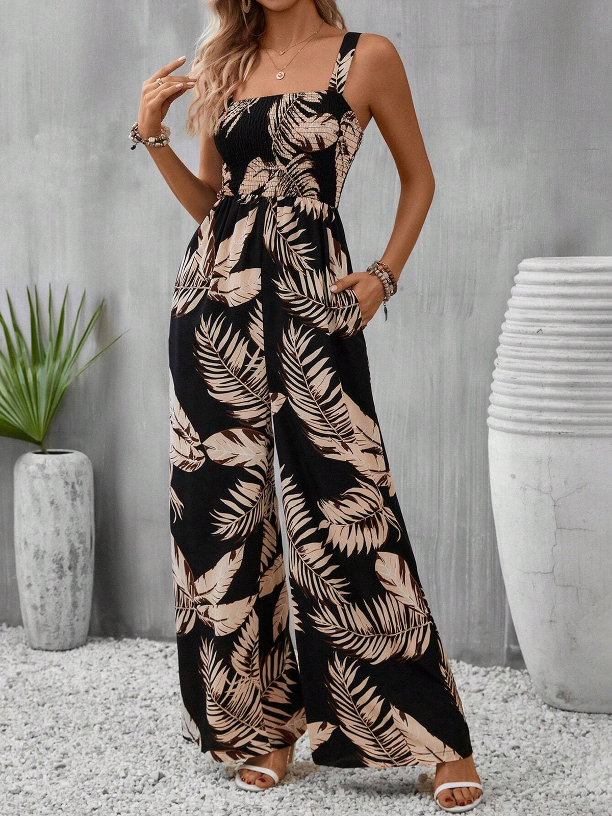 Tropical Print Wide Leg Cami Jumpsuit