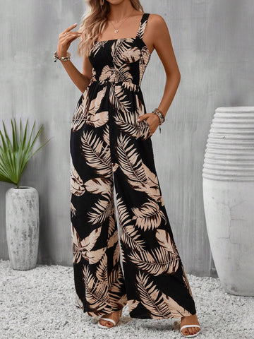 Tropical Print Wide Leg Cami Jumpsuit
