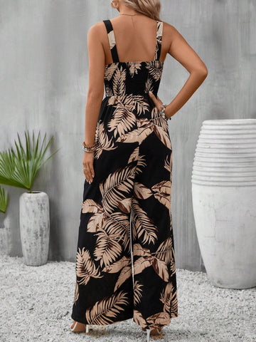 Tropical Print Wide Leg Cami Jumpsuit
