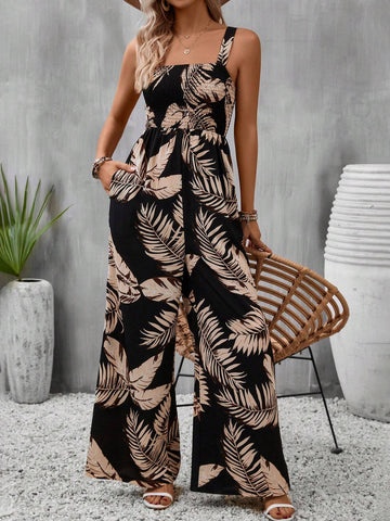 Tropical Print Wide Leg Cami Jumpsuit