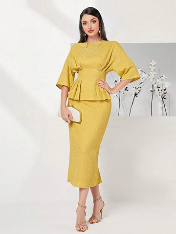 Solid Drop Shoulder Peplum Top & Skirt Set