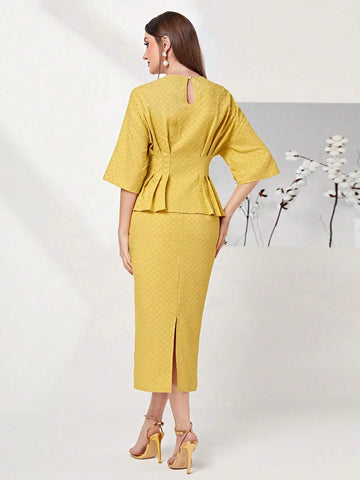 Solid Drop Shoulder Peplum Top & Skirt Set