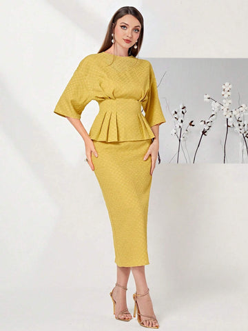 Solid Drop Shoulder Peplum Top & Skirt Set