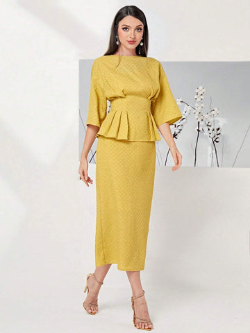 Solid Drop Shoulder Peplum Top & Skirt Set