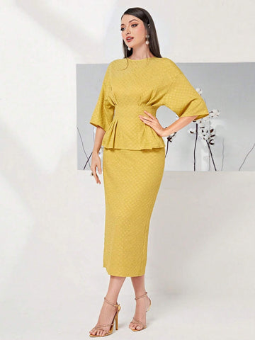 Solid Drop Shoulder Peplum Top & Skirt Set