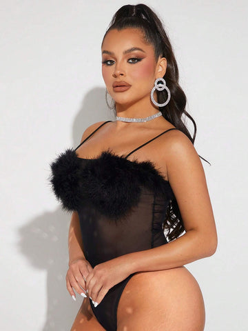 Fuzzy Trim Mesh Cami Bodysuit