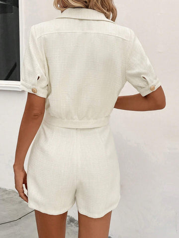 Solid Button Front Shirt & Shorts Without Cami Top