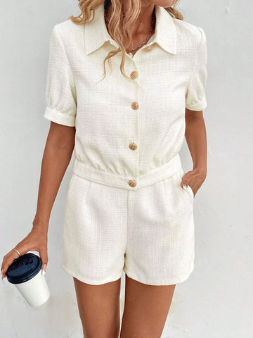 Solid Button Front Shirt & Shorts Without Cami Top